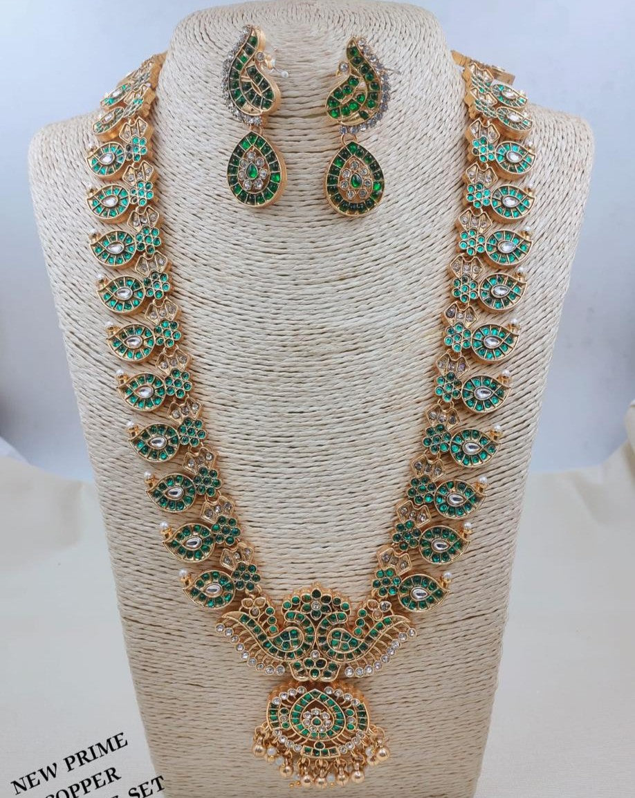 Royal Emerald Peacock Long Haram Necklace Set with Matching Earrings